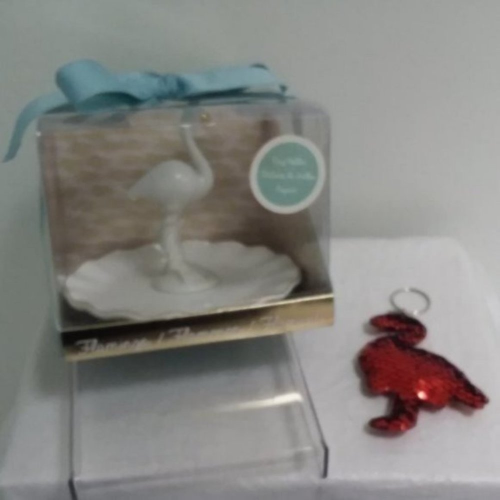 Flamingo Ring HOLDER & Sequin Flamingo Keychain Jewelry Holiday Gift Set New